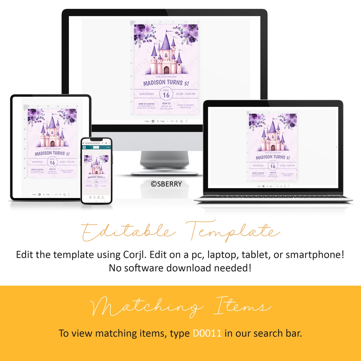 A digital invitation template with a purple castle design is displayed on a computer, tablet, and smartphone, with text explaining the editable and matching item options.