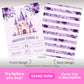 Two-sided birthday invitation card featuring a purple castle and floral theme on the front, with event details, and purple stripes and flowers on the back.