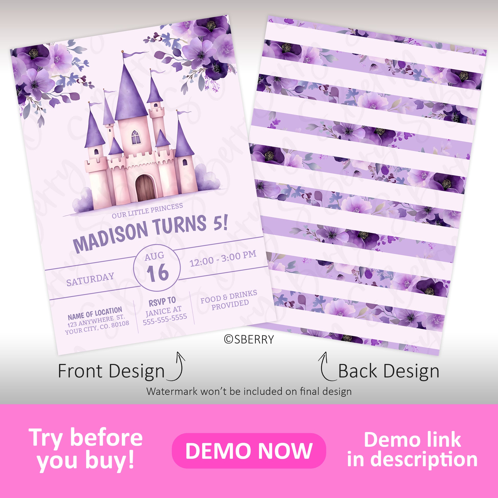 Two-sided birthday invitation card featuring a purple castle and floral theme on the front, with event details, and purple stripes and flowers on the back.