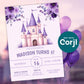 Purple princess castle birthday invitation displayed with soft balloon background, featuring fairytale castle design and floral details for a magical party theme.