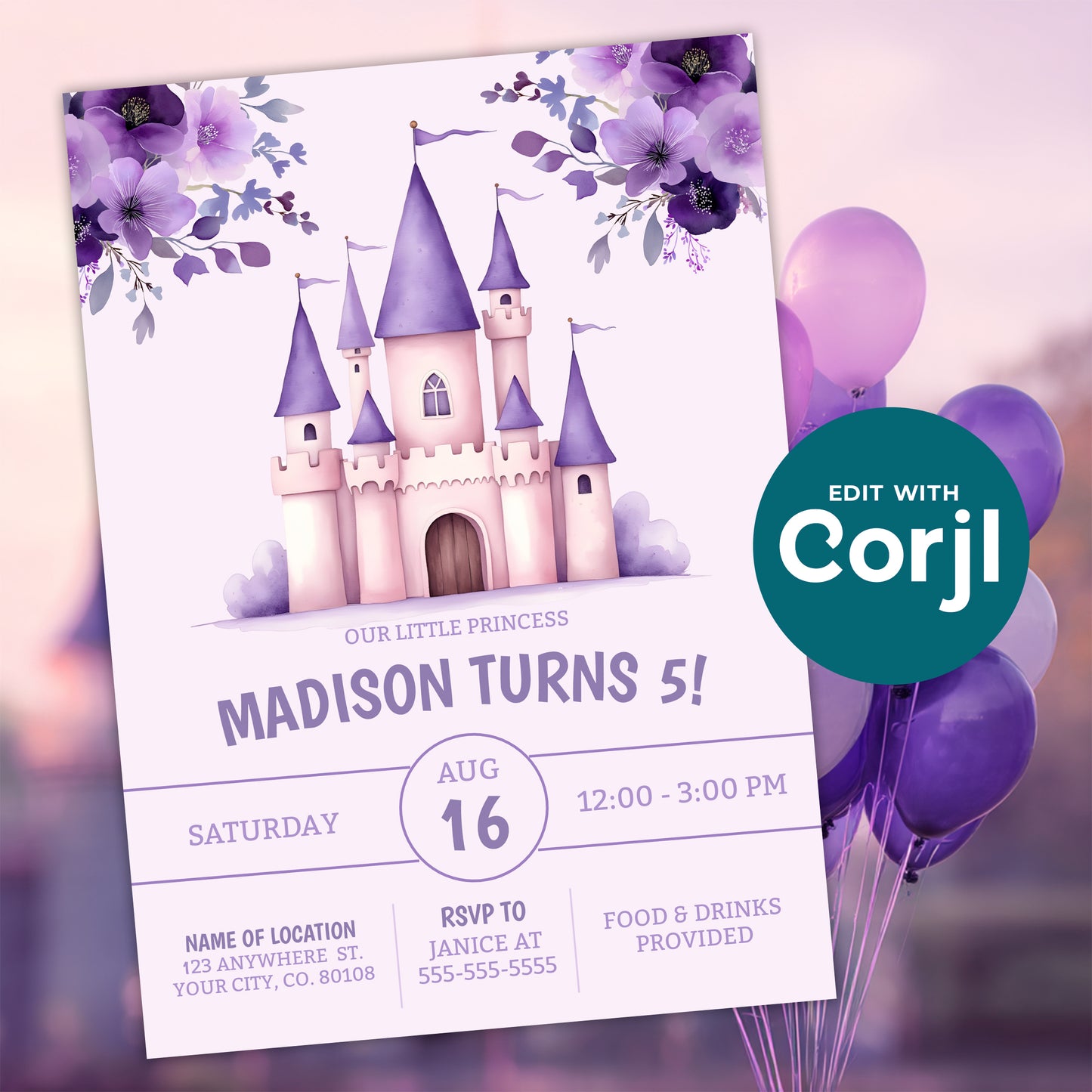 Purple princess castle birthday invitation displayed with soft balloon background, featuring fairytale castle design and floral details for a magical party theme.