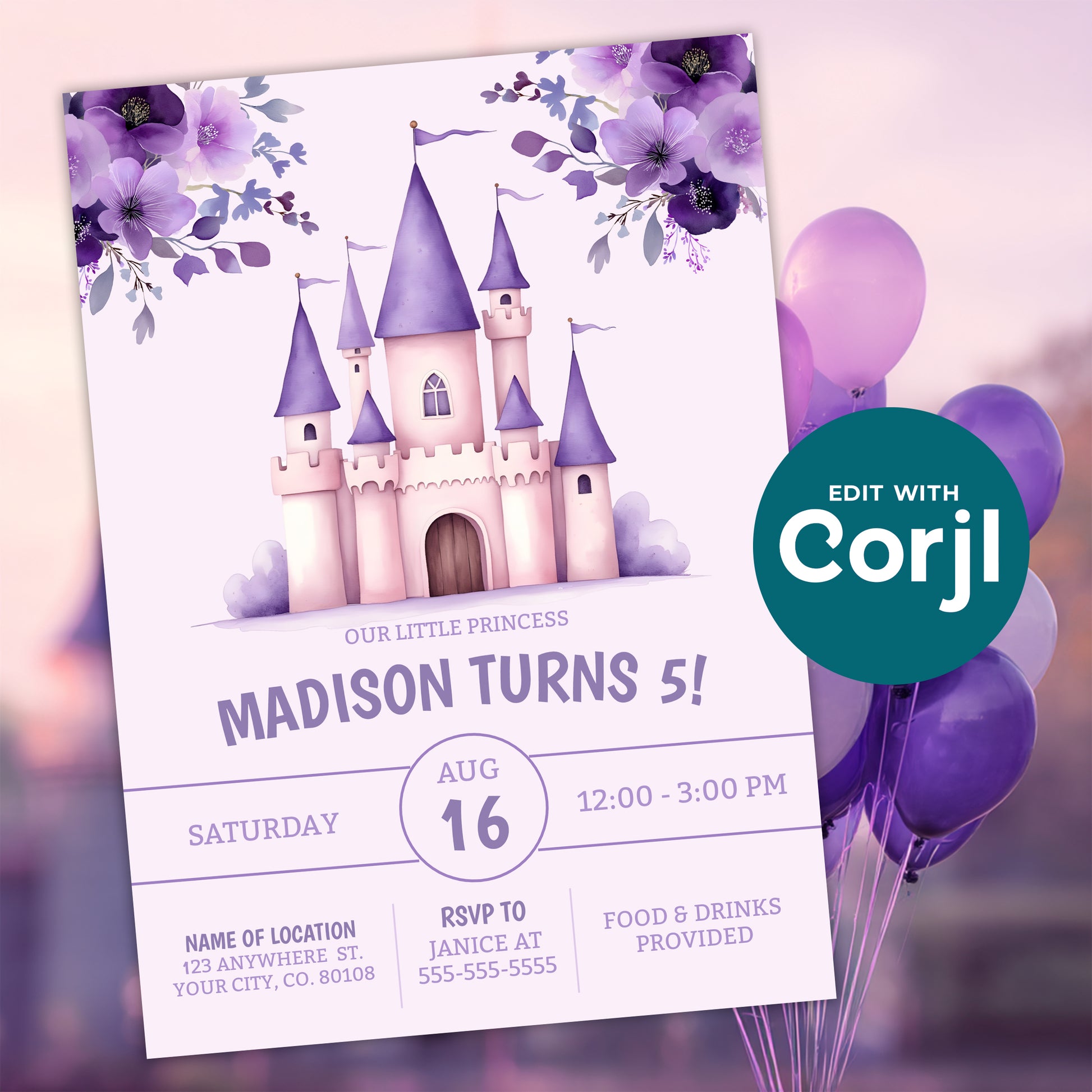 Purple princess castle birthday invitation displayed with soft balloon background, featuring fairytale castle design and floral details for a magical party theme.