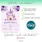A purple princess castle birthday invitation template showing what can and cannot be edited in Corjl; text is editable, graphics are not.