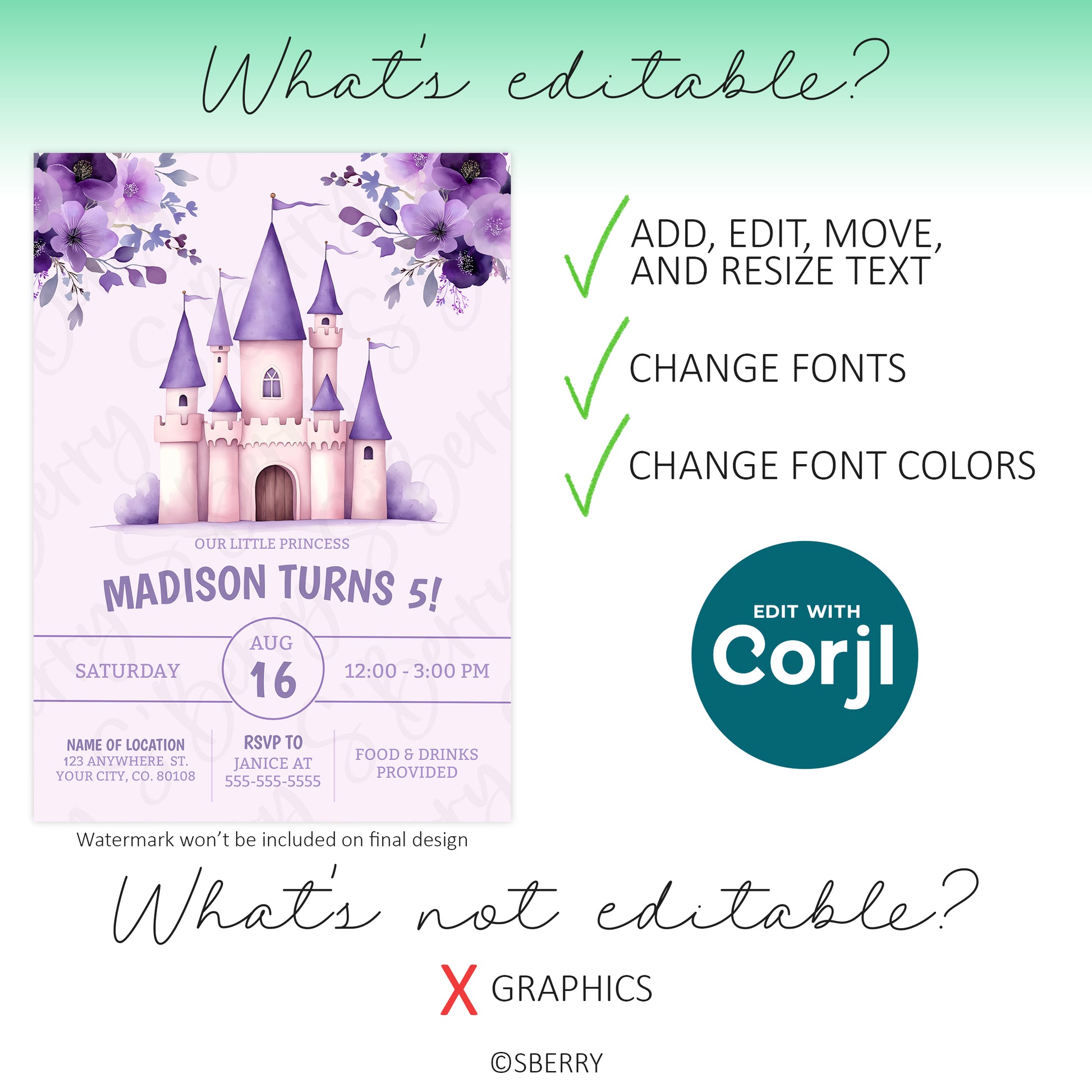 A purple princess castle birthday invitation template showing what can and cannot be edited in Corjl; text is editable, graphics are not.