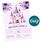 A birthday invitation with a purple castle and floral border reads "Madison Turns 5!" and includes event details for August 16, 12:00-3:00 PM, plus RSVP and location info.