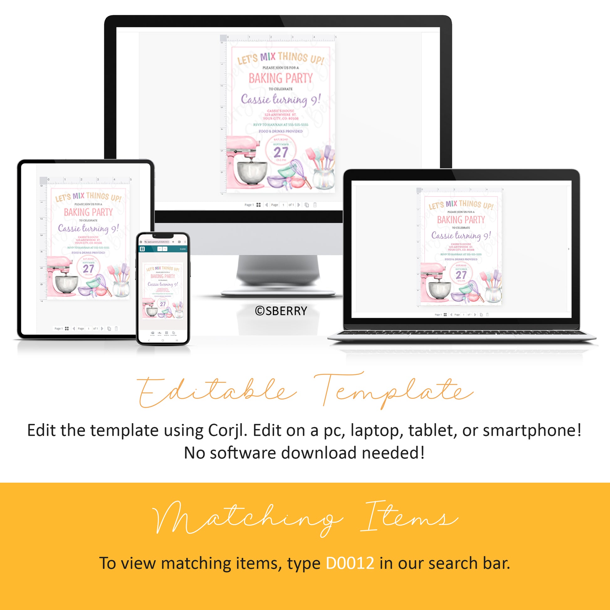 A baking party invitation template is shown on a desktop, laptop, tablet, and smartphone screen. Text explains the template is editable on multiple devices with no software download needed.