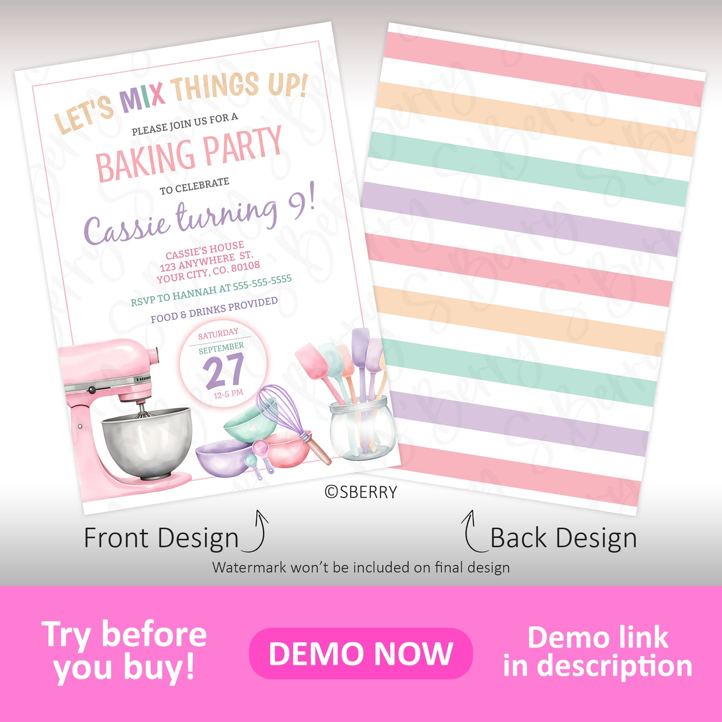 A pastel-colored baking party invitation for a 9th birthday, featuring baking tools on the front and horizontal pastel stripes on the back.