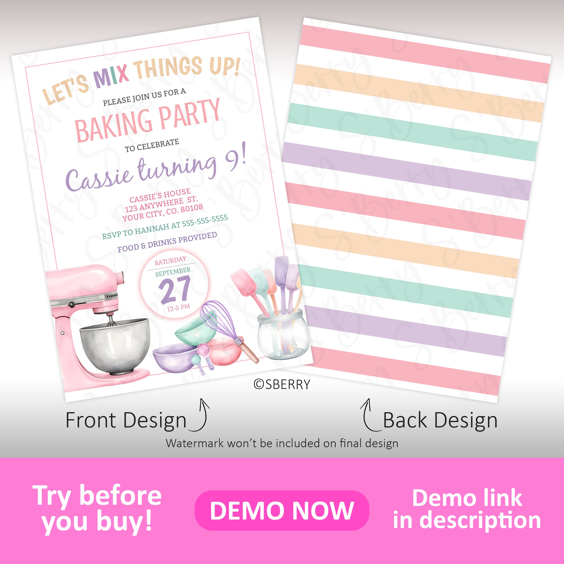 A pastel-colored baking party invitation for a 9th birthday, featuring baking tools on the front and horizontal pastel stripes on the back.