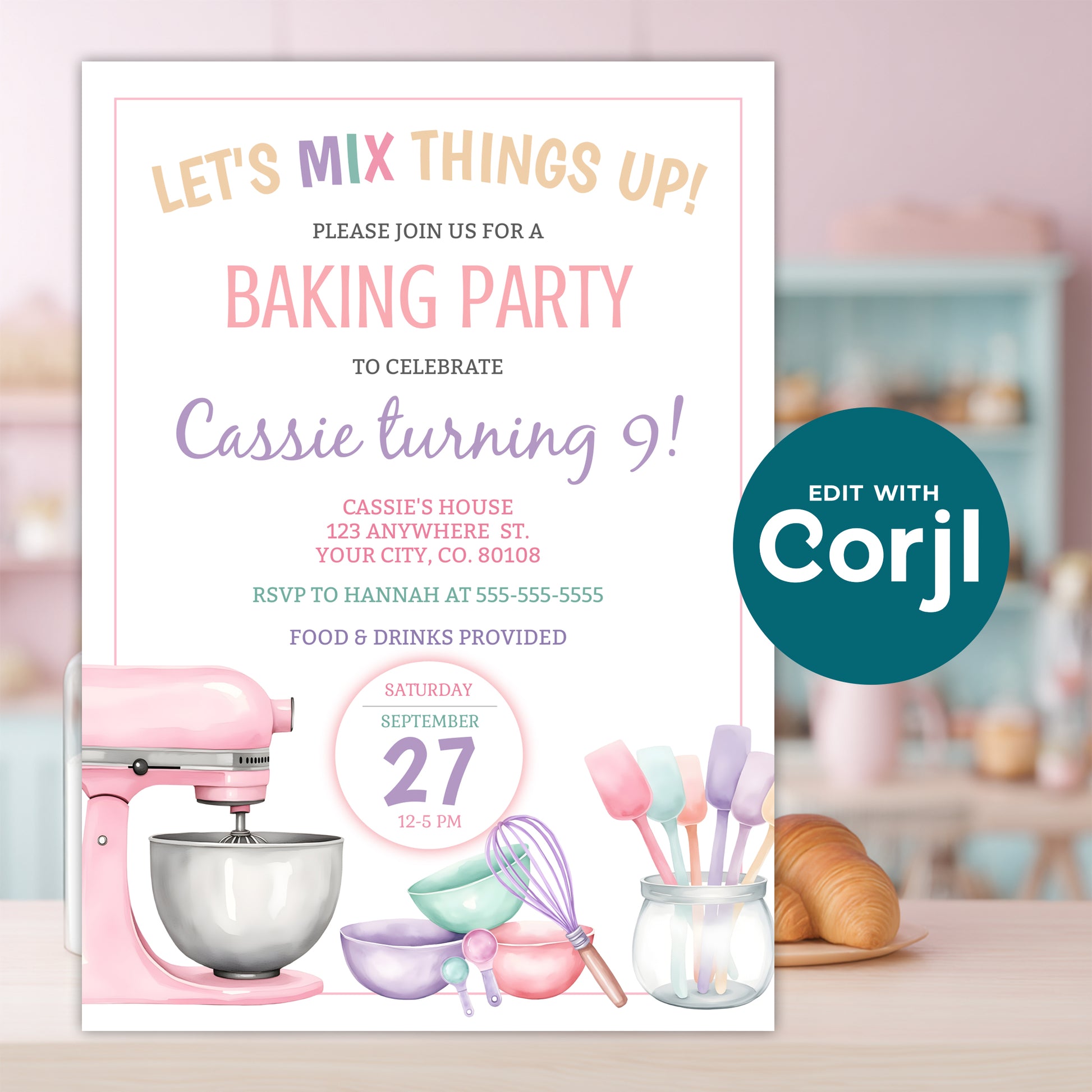 Pastel baking party birthday invitation template mockup with pink stand mixer and kitchen background, editable girls baking theme invite