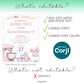 A baking party invitation template highlighting editable text, font, and color options via Corjl, with graphics not editable. A pink mixer and baking tools are shown at the bottom.