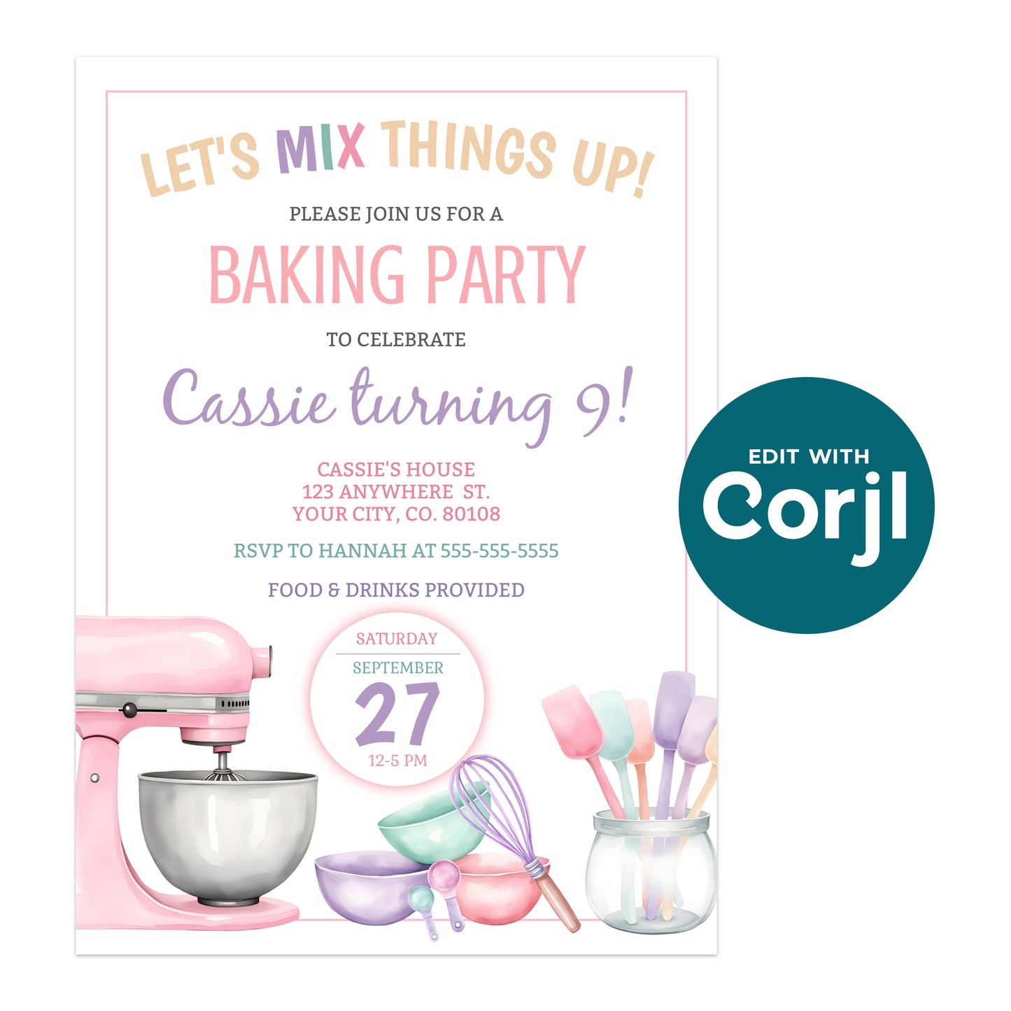 Birthday party invitation with pastel baking tools and mixer, announcing a baking party for Cassie turning 9, with event details and RSVP information.