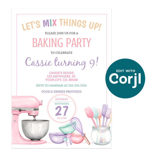 Printable baking birthday party invitation template with pastel mixer, bowls, and utensils on white background, editable Corjl invite for girls baking party