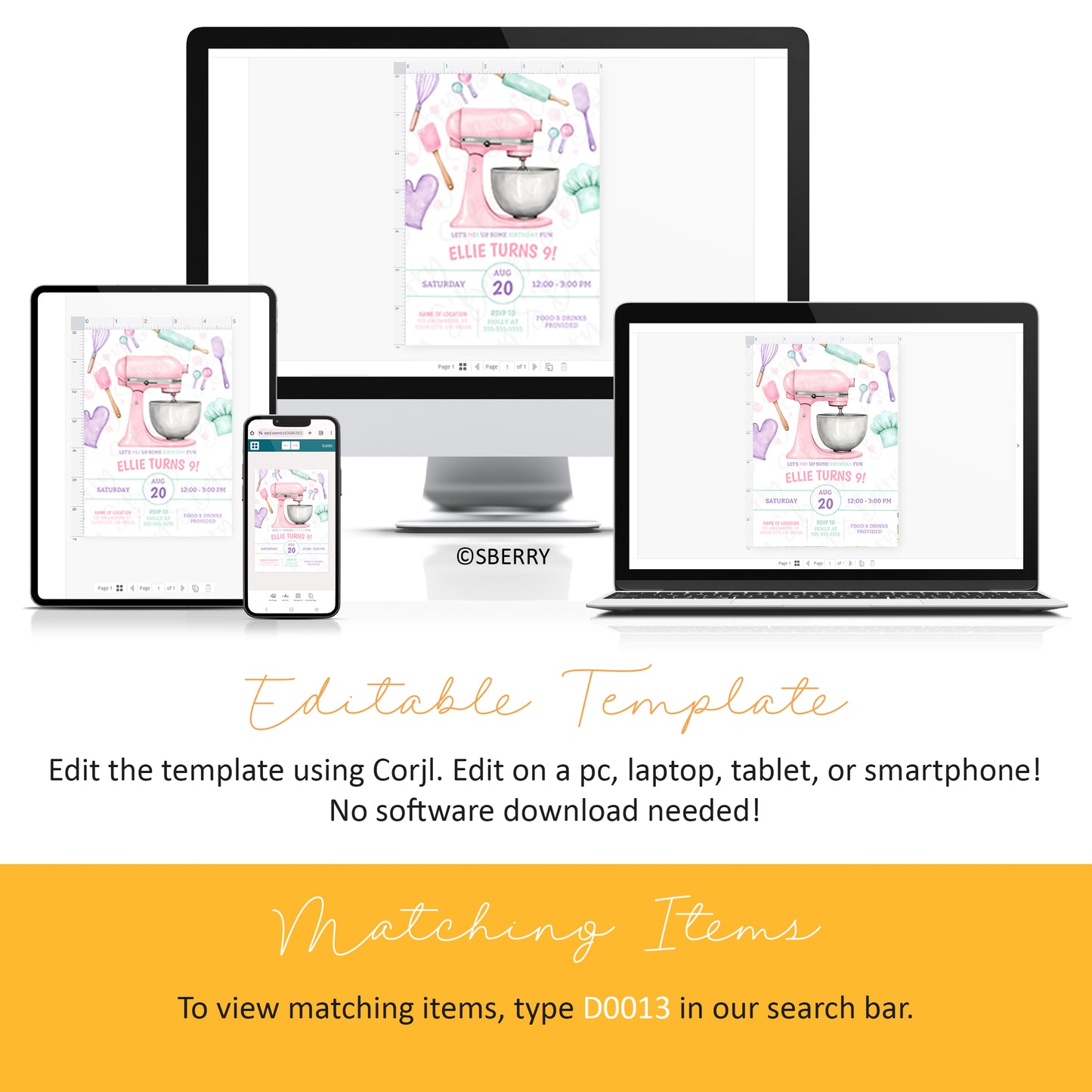 Digital device screens display a baking-themed birthday invitation template. Text states the template is editable online with Corjl and lists matching items instructions.