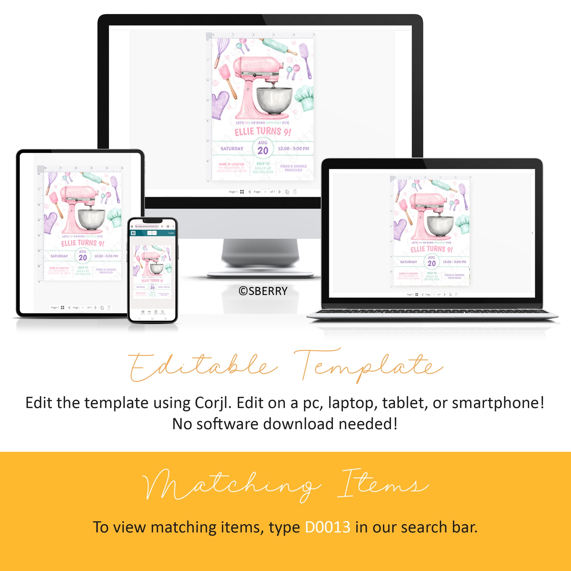 Digital device screens display a baking-themed birthday invitation template. Text states the template is editable online with Corjl and lists matching items instructions.