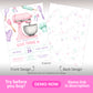 A birthday invitation features a pink stand mixer, baking utensils, and pastel accents. Text highlights "Ellie turns 9!" with event details and a demo watermark; front and back designs shown.