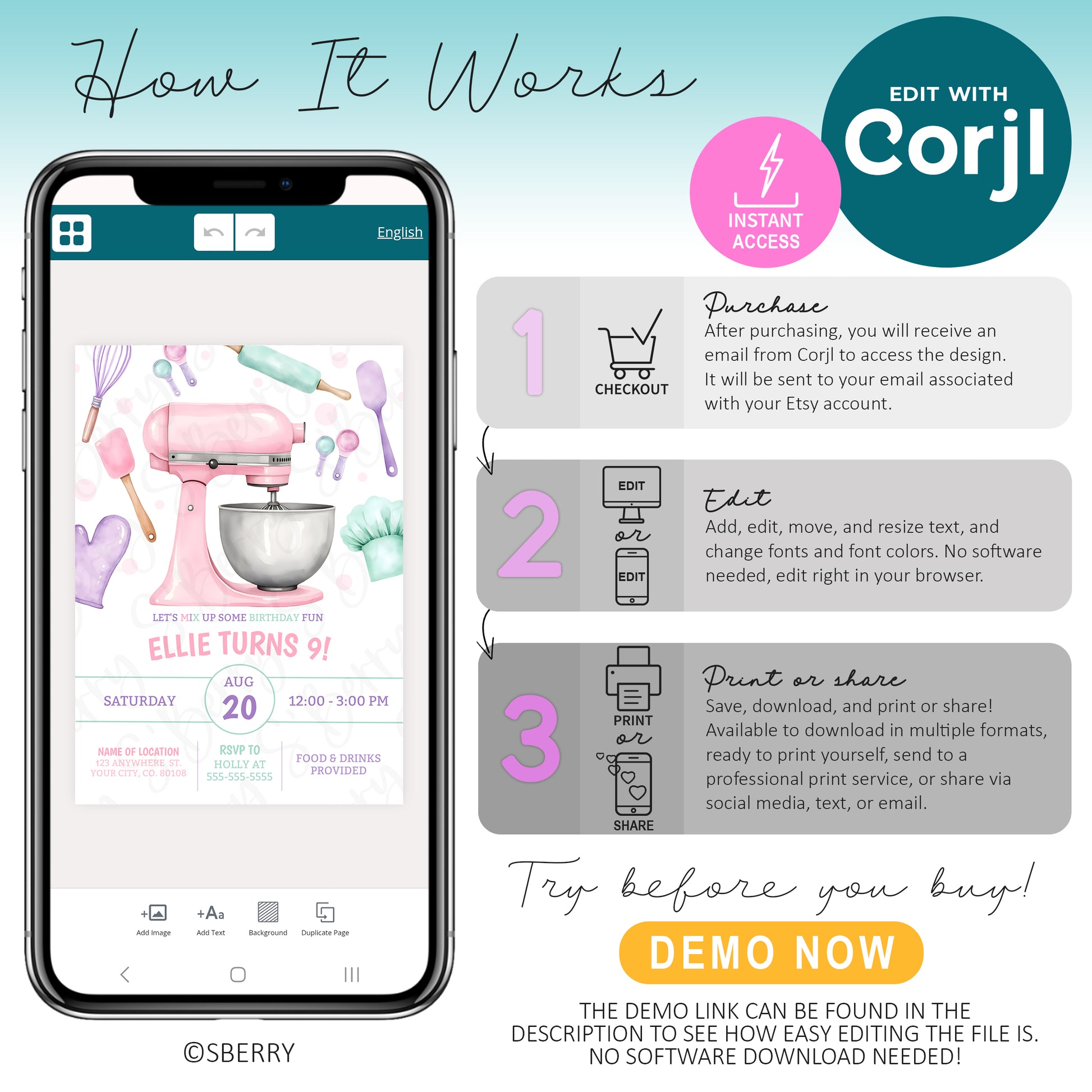 Instructional graphic showing how to edit a digital birthday invitation template with Corjl, including steps for purchase, editing, and downloading or sharing the design.