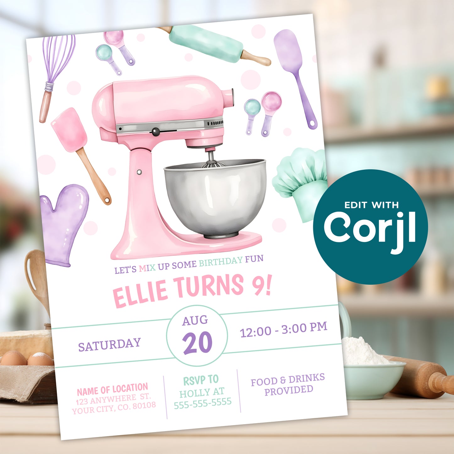 Baking party invitation template mockup with pink stand mixer and baking tools on kitchen background, editable girls birthday baking theme invite