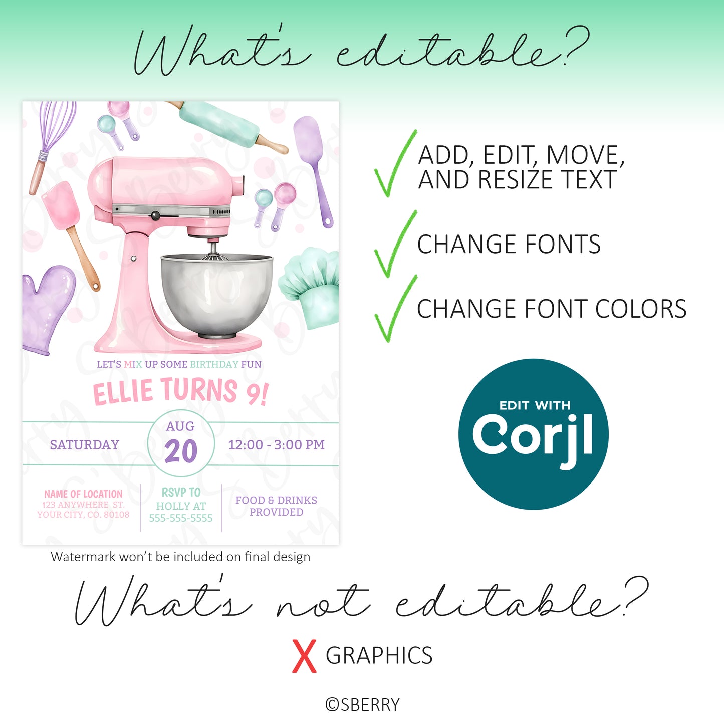 An editable birthday invitation template featuring a pink mixer and baking tools, with options to edit text, fonts, and colors, but not the graphics, using Corjl.