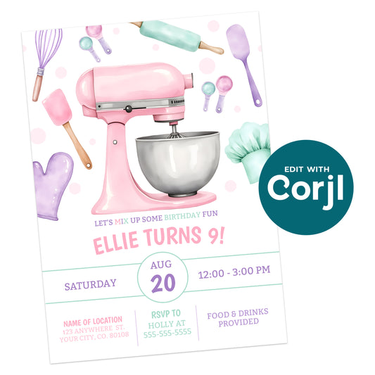 Printable baking birthday invitation with pink mixer, utensils, and pastel design on white background, editable Corjl girls baking party invite