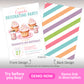 Cupcake decorating birthday party invitation template front and back design with frosted cupcakes and colorful striped backing, editable kids baking party invite