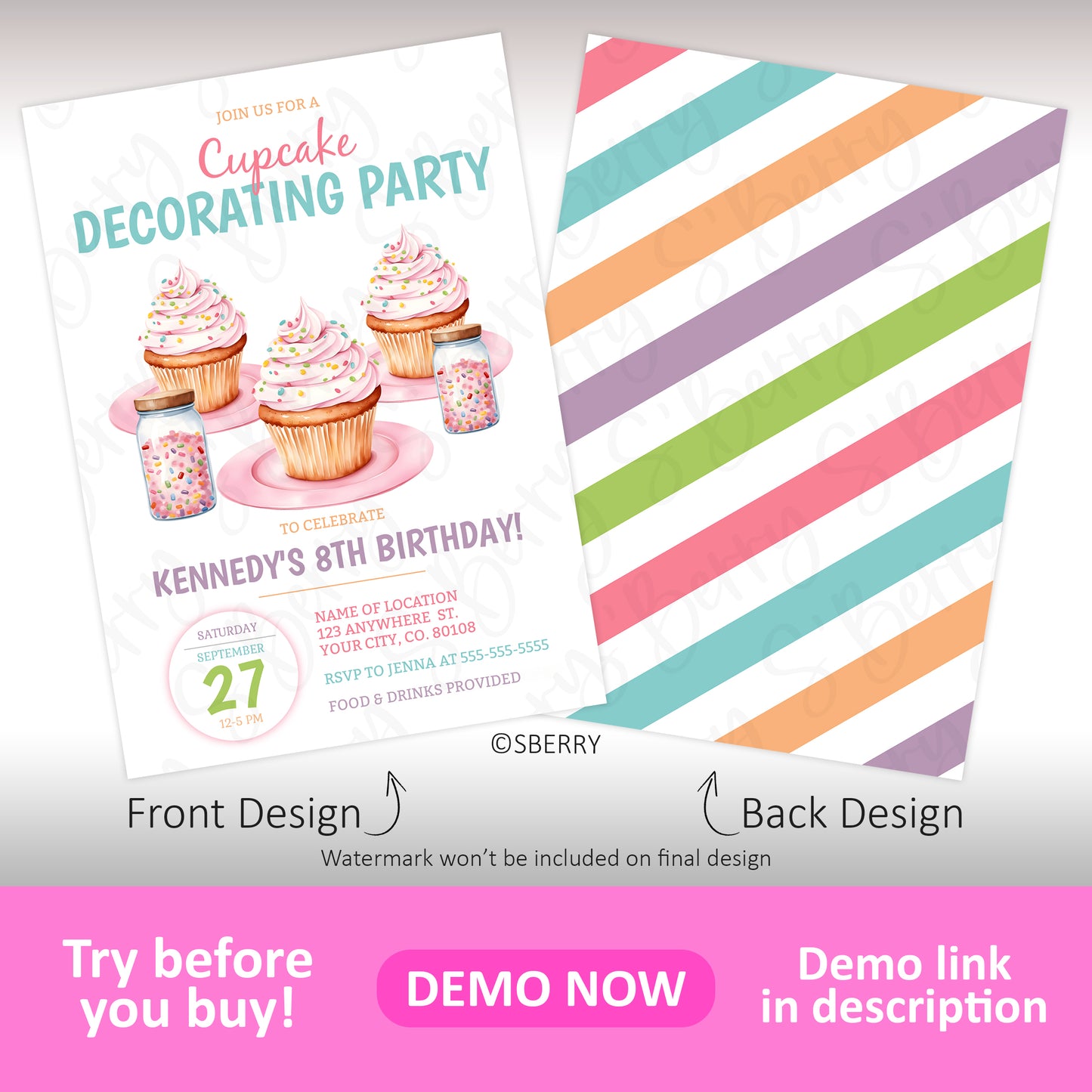 Cupcake decorating birthday party invitation template front and back design with frosted cupcakes and colorful striped backing, editable kids baking party invite
