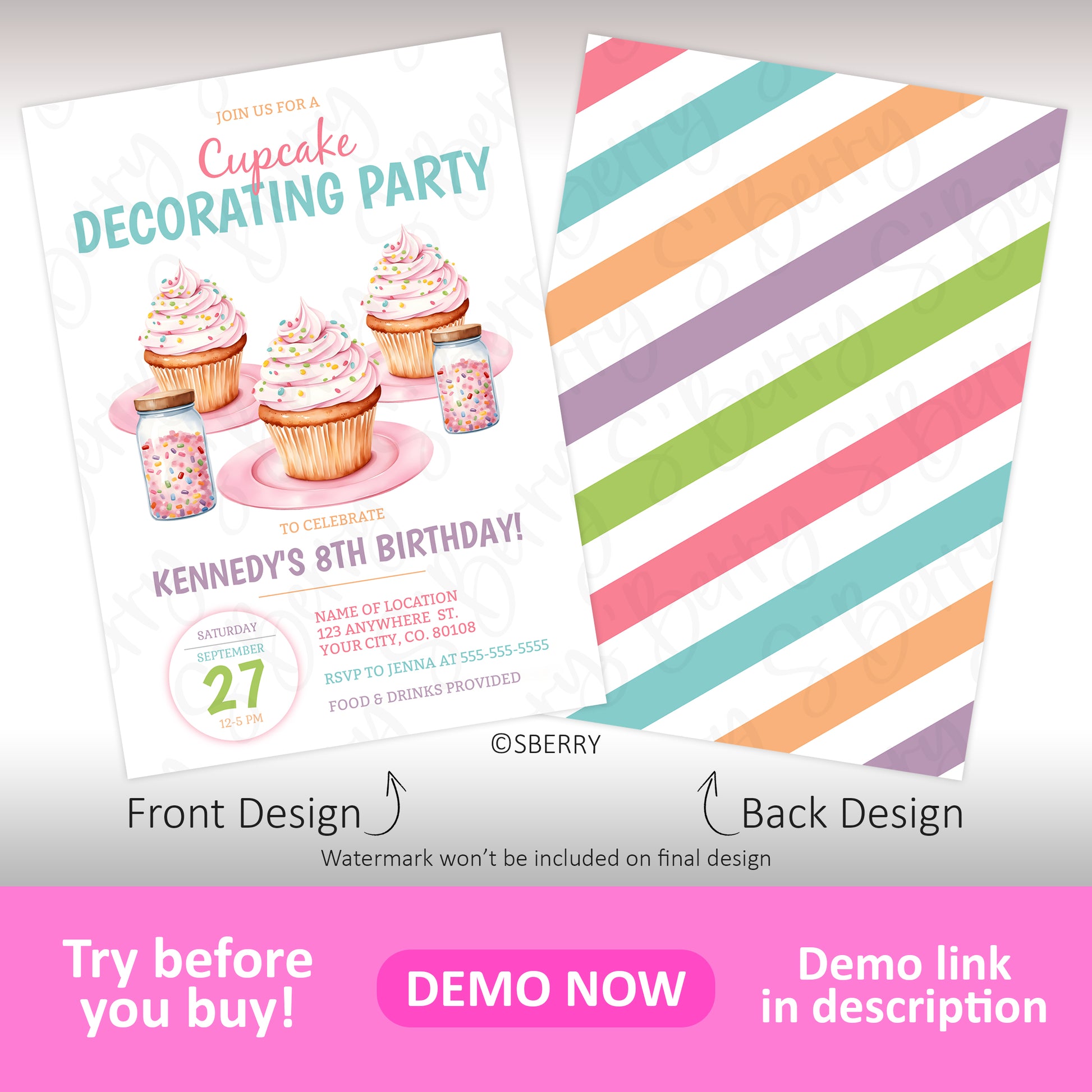 Cupcake decorating birthday party invitation template front and back design with frosted cupcakes and colorful striped backing, editable kids baking party invite