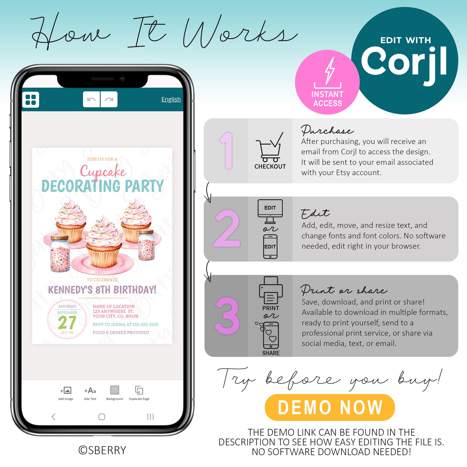 How to edit Corjl cupcake party invitation template on phone, instant access digital invite, customize text, download, print or share online