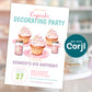 Cupcake decorating party invitation template mockup with frosted cupcakes and sprinkles, editable girls birthday baking theme invite