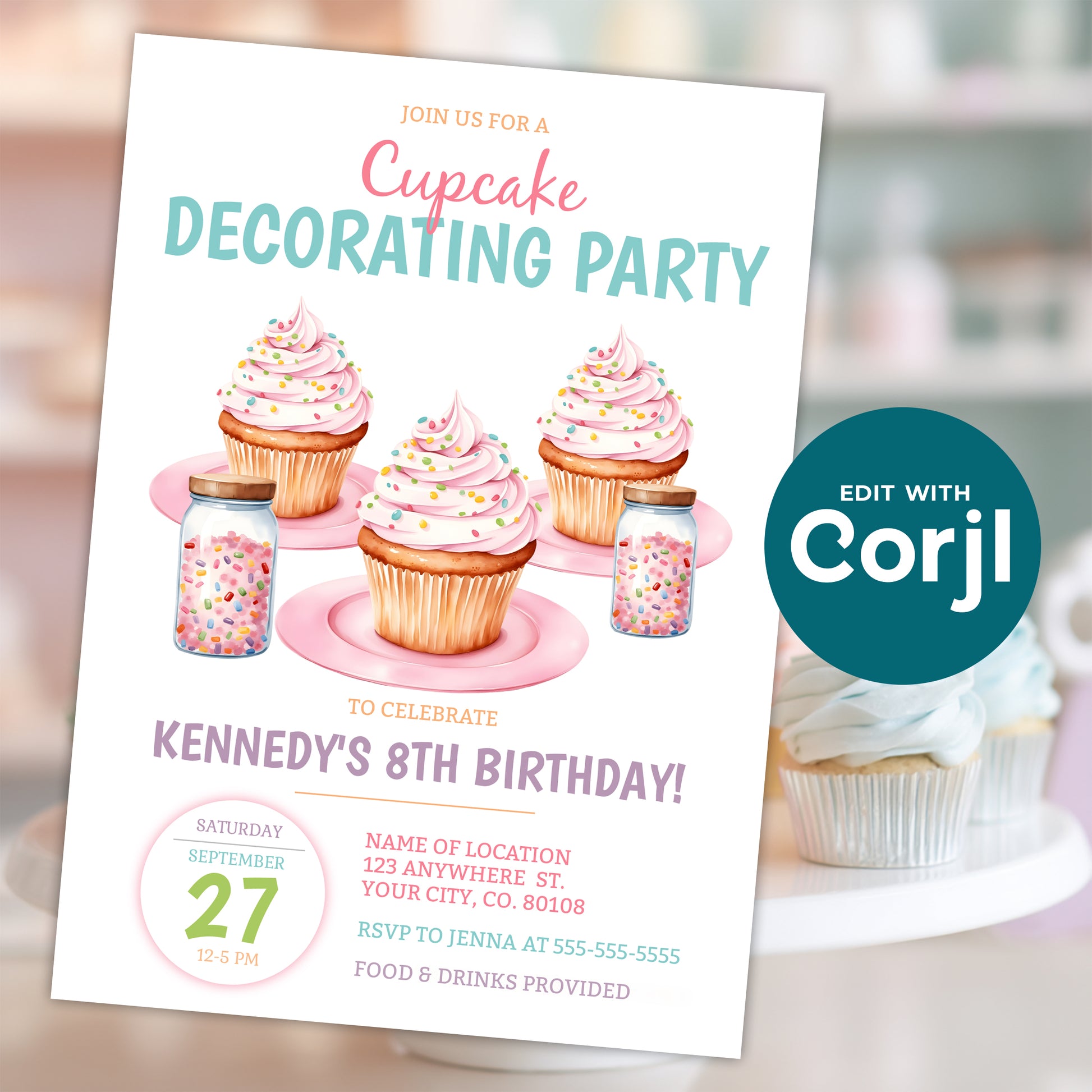 Cupcake decorating party invitation template mockup with frosted cupcakes and sprinkles, editable girls birthday baking theme invite