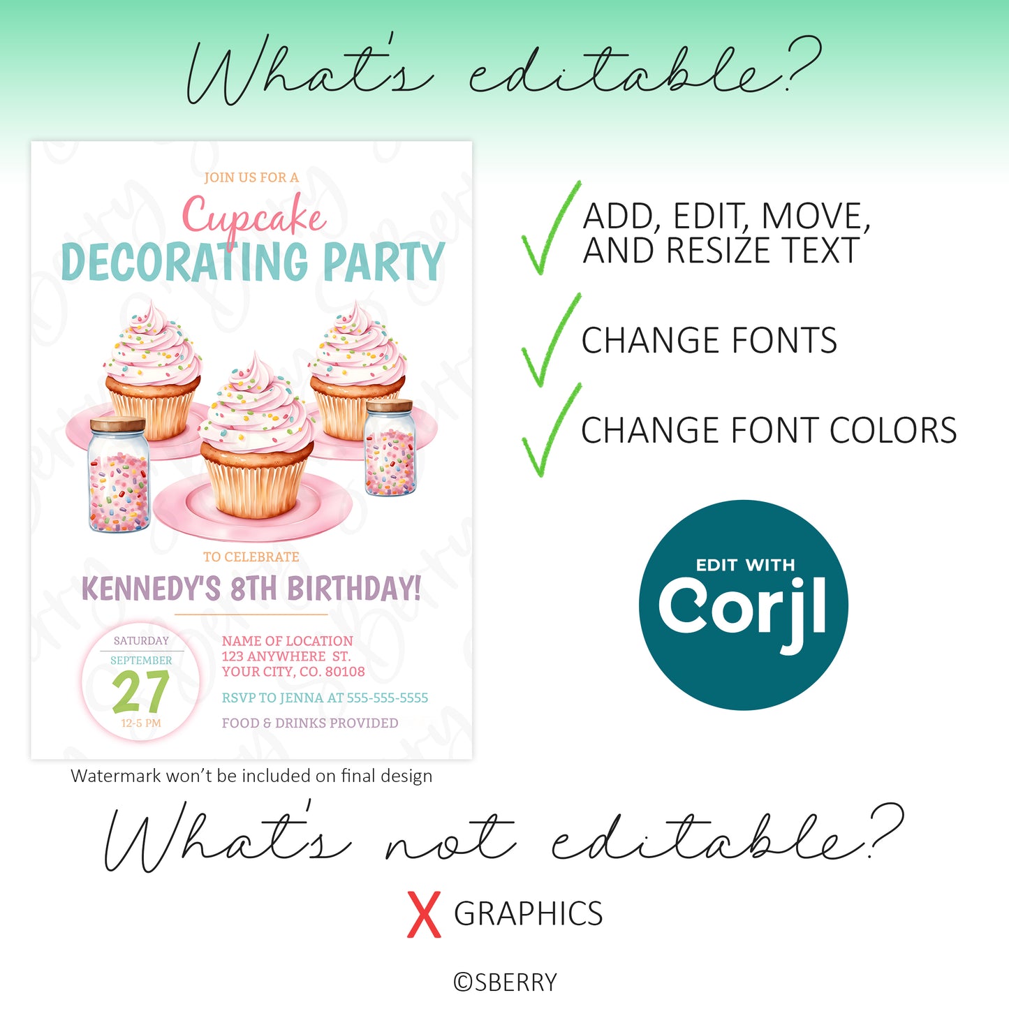 Editable cupcake invitation template showing customizable text, fonts, and colors, graphics not editable, Corjl instant download birthday invite