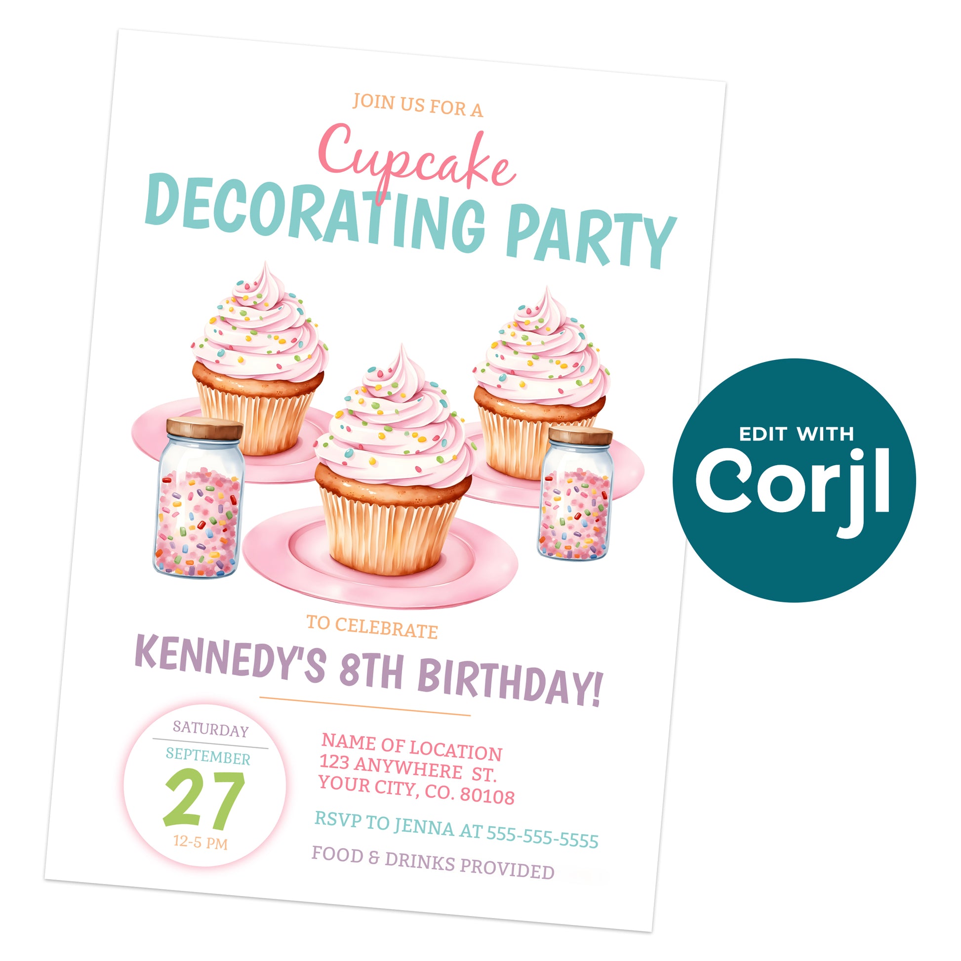 Printable cupcake decorating birthday invitation with pastel cupcakes and sprinkles on white background, editable Corjl girls party invite