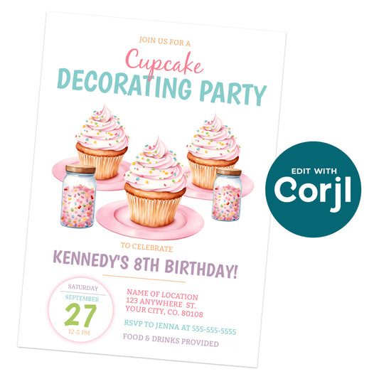 Printable cupcake decorating birthday invitation with pastel cupcakes and sprinkles on white background, editable Corjl girls party invite