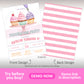 Cupcake decorating birthday invitation template front and back with pastel cupcakes and pink striped backing, editable baking party invite for kids
