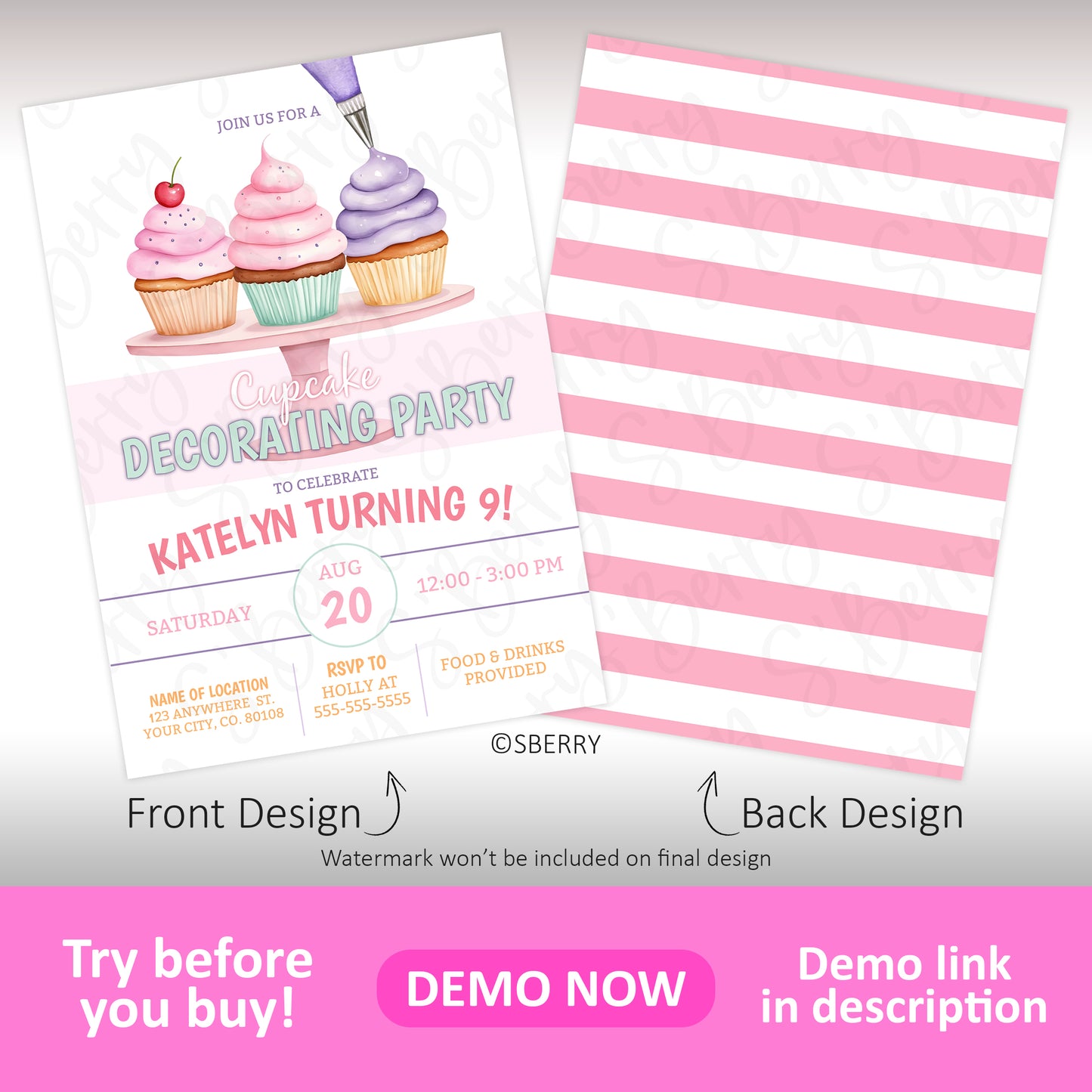 Cupcake decorating birthday invitation template front and back with pastel cupcakes and pink striped backing, editable baking party invite for kids