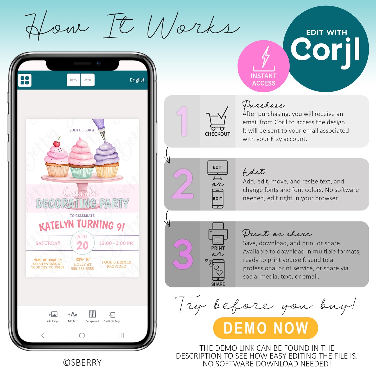 How to edit cupcake party invitation template in Corjl on phone, instant access editable birthday invite, customize, download, and print or share