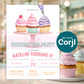 Cupcake decorating party invitation template mockup with pastel frosted cupcakes background, editable girls baking birthday invite