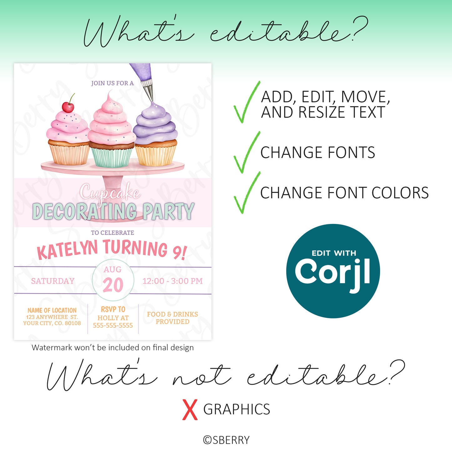 Editable cupcake birthday invitation template showing text customization, font and color changes allowed, graphics not editable, Corjl template