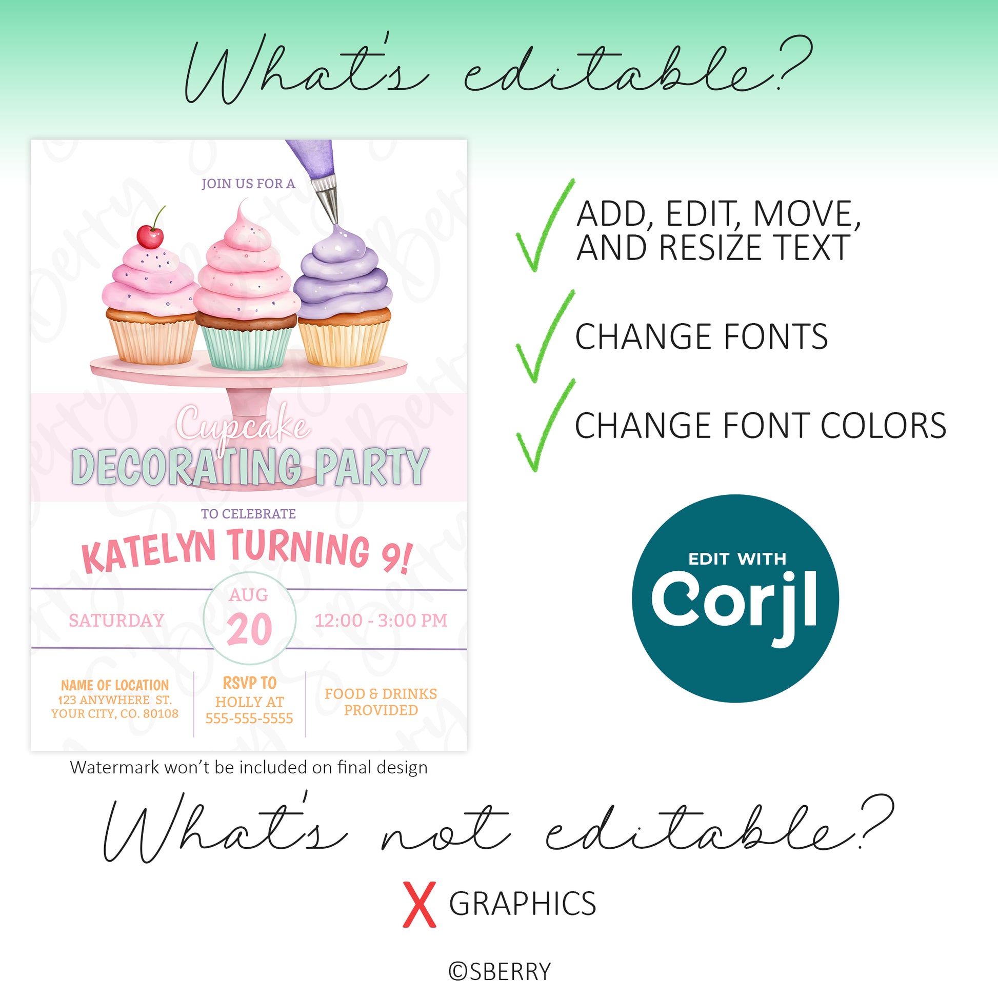 Editable cupcake birthday invitation template showing text customization, font and color changes allowed, graphics not editable, Corjl template