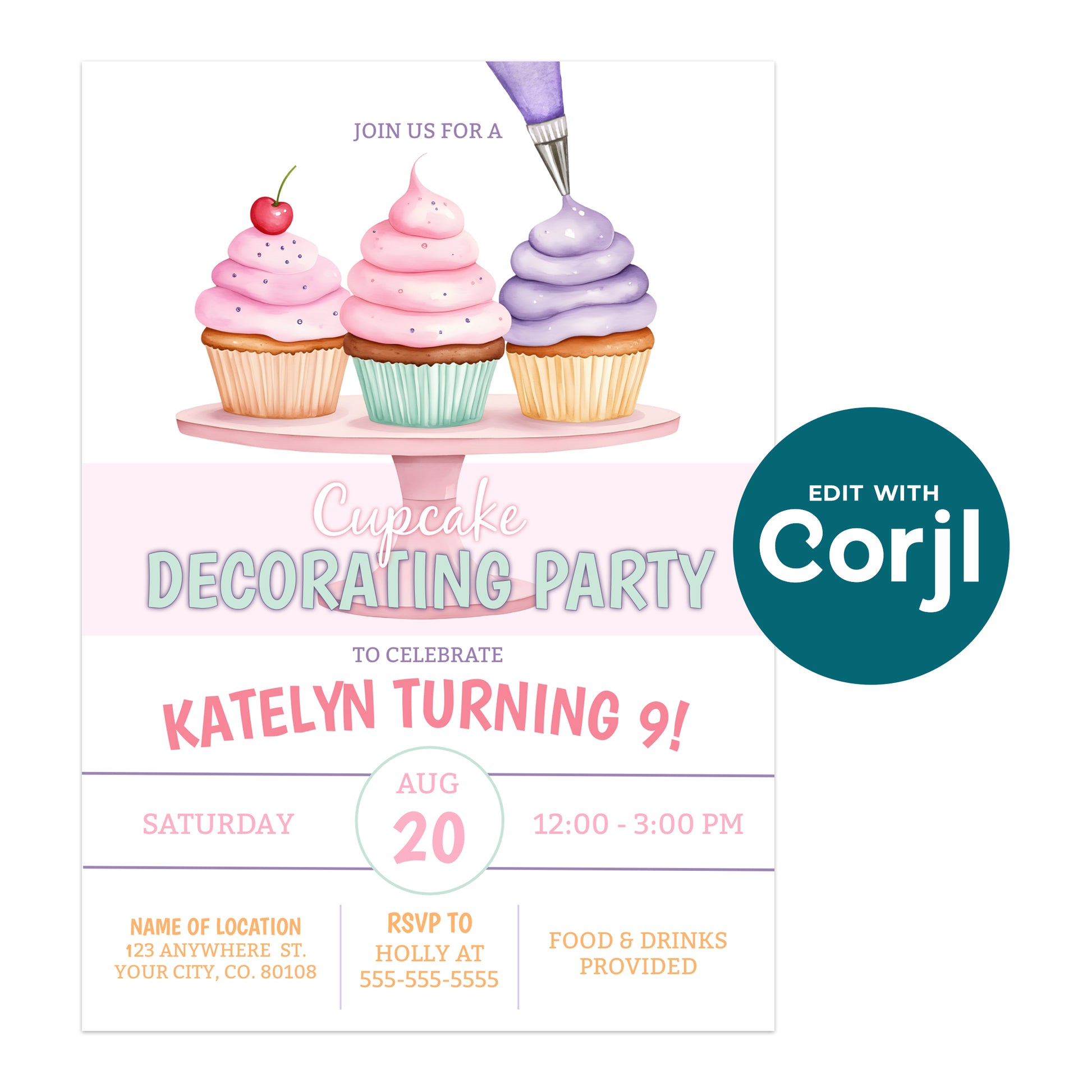 Printable cupcake decorating party invitation with pastel cupcakes and piping bag illustration on white background, editable Corjl birthday invite