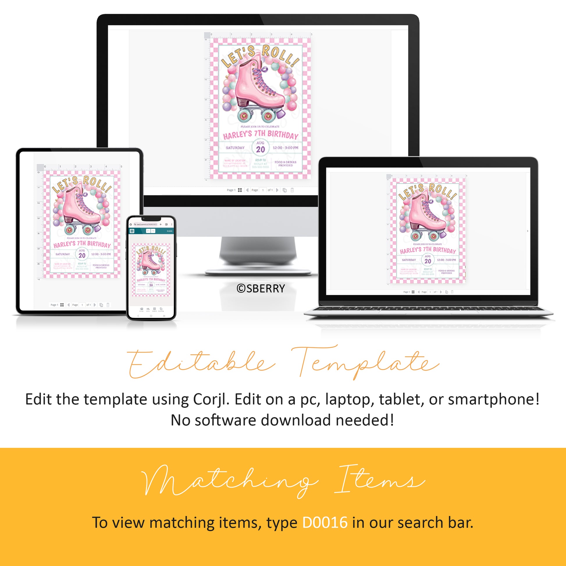 A digital roller skate birthday invitation template is displayed on desktop, laptop, tablet, and smartphone screens, with text describing its editability and search instructions for matching items.