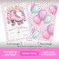 Birthday invitation featuring a pink roller skate with pastel balloons on a checkered background. Front displays event details; back shows a pattern of balloons on a pink checkerboard.