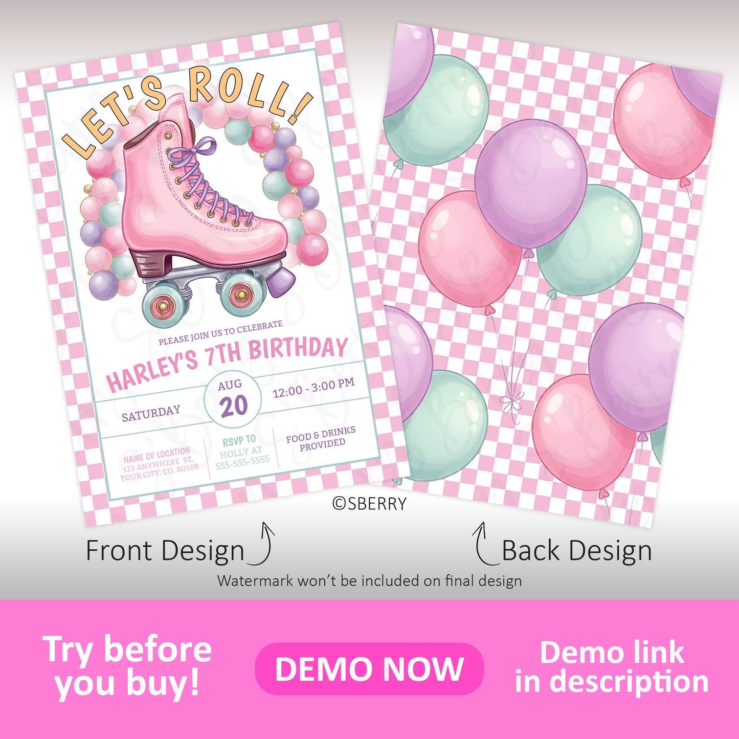 Birthday invitation featuring a pink roller skate with pastel balloons on a checkered background. Front displays event details; back shows a pattern of balloons on a pink checkerboard.