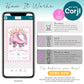 A smartphone displays a pink roller skate birthday invitation template in Corjl, with step-by-step instructions for purchasing, editing, and printing or sharing the design.