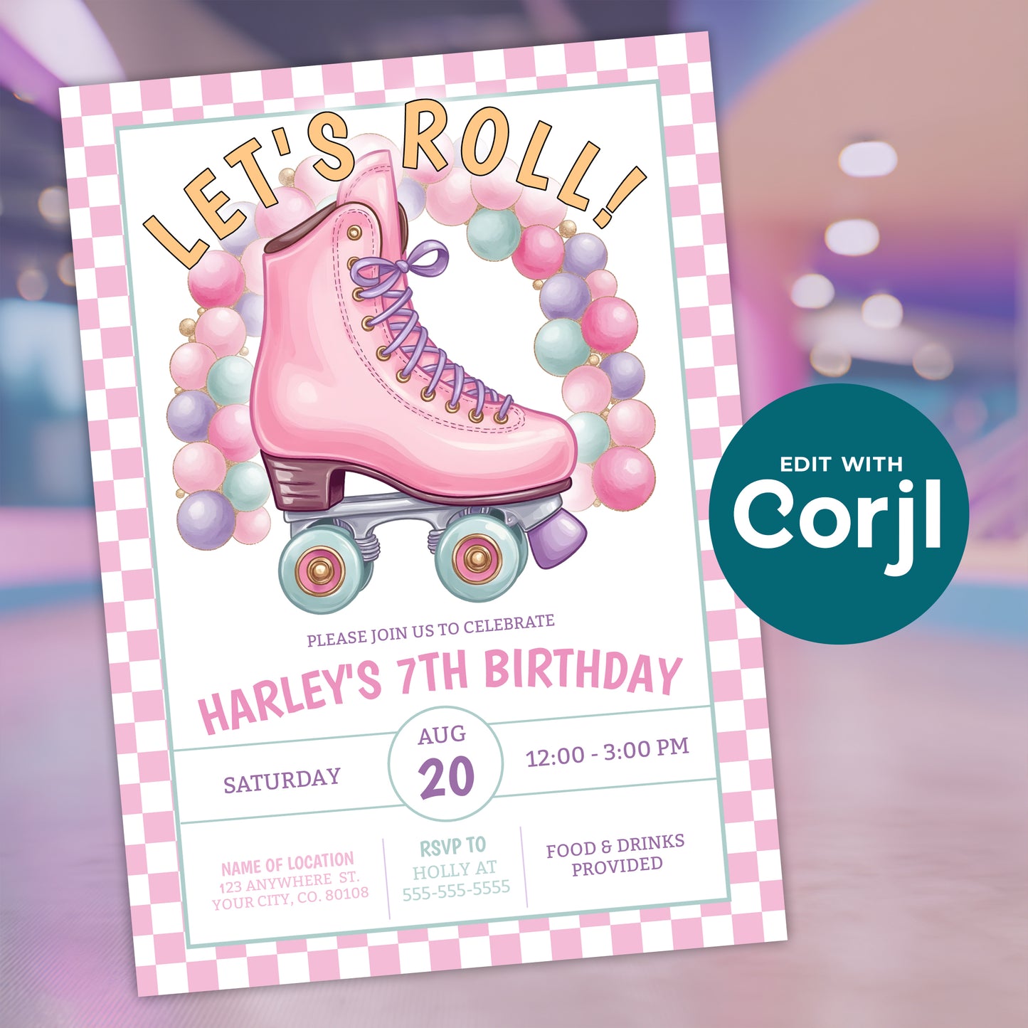 Roller skate birthday invitation template mockup with colorful skating rink background, editable girls roller skating party invite