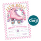 Birthday invitation featuring a pink roller skate, pastel balloon arch, and details for Harley's 7th birthday party on August 20, noon to 3 PM, with RSVP and location information.