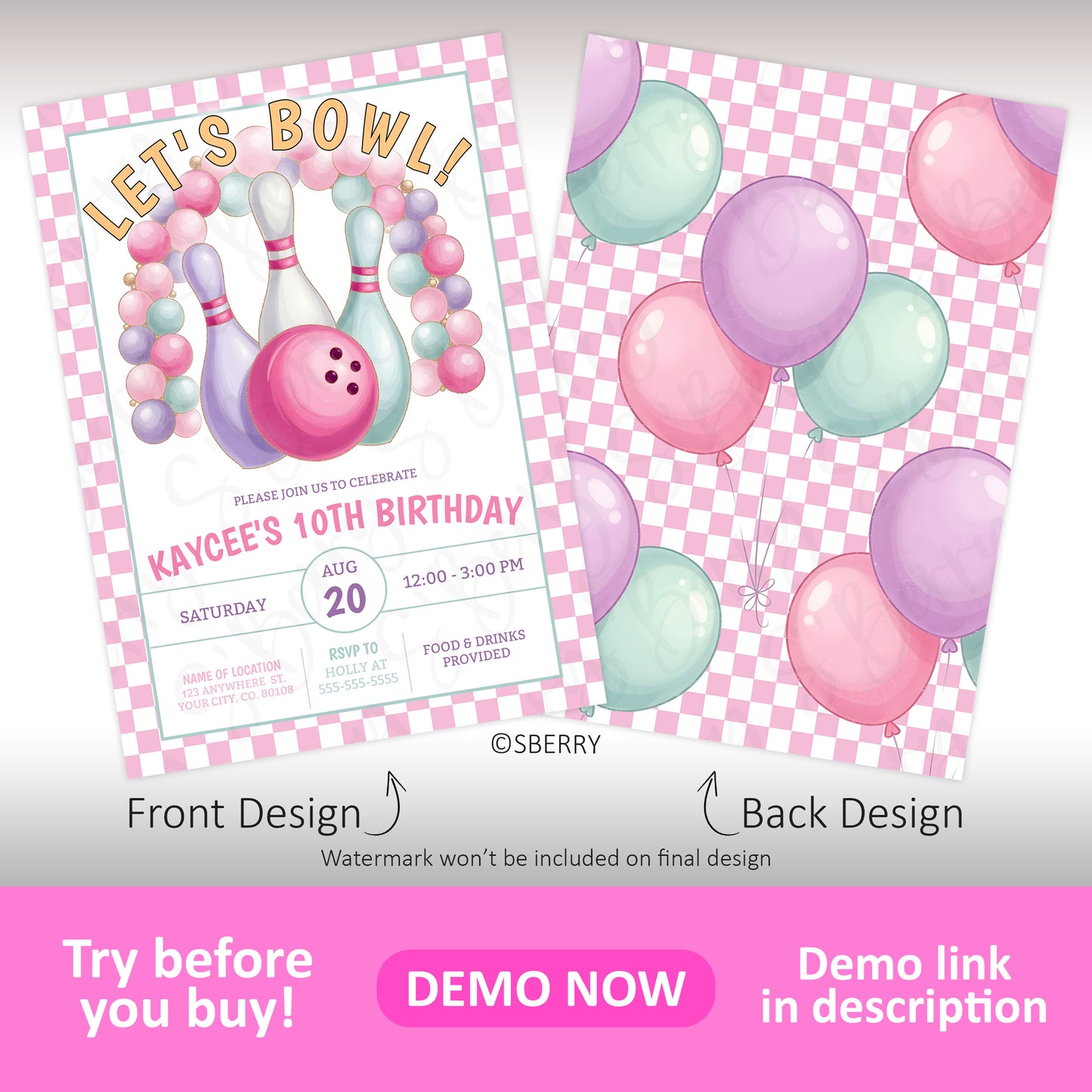 A birthday party invitation with a bowling theme and pastel balloons, showing the front and back design on a pink checkered background.