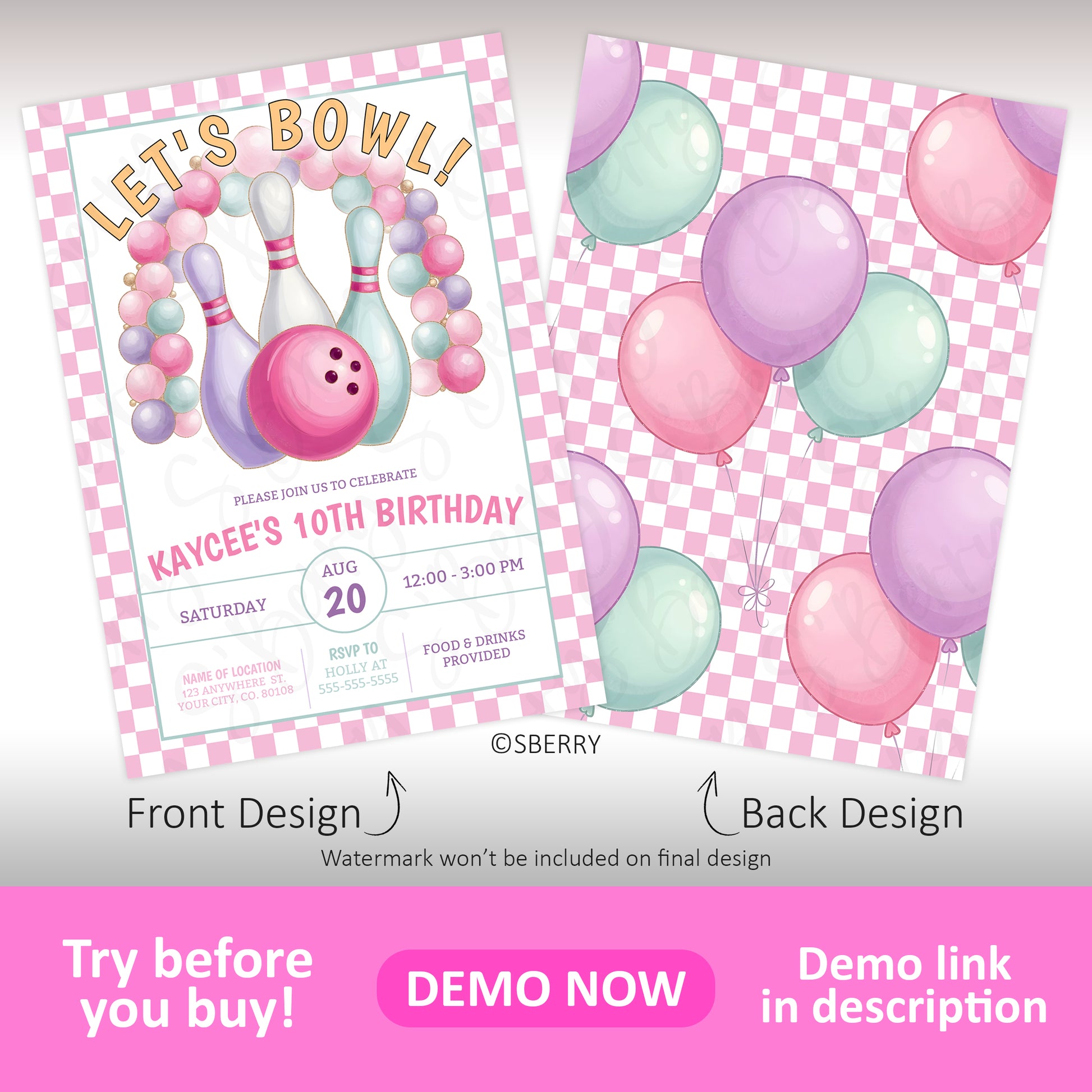 A birthday party invitation with a bowling theme and pastel balloons, showing the front and back design on a pink checkered background.