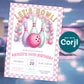 Bowling birthday invitation template mockup with bowling alley background, pink bowling ball and pins, editable kids bowling party invite