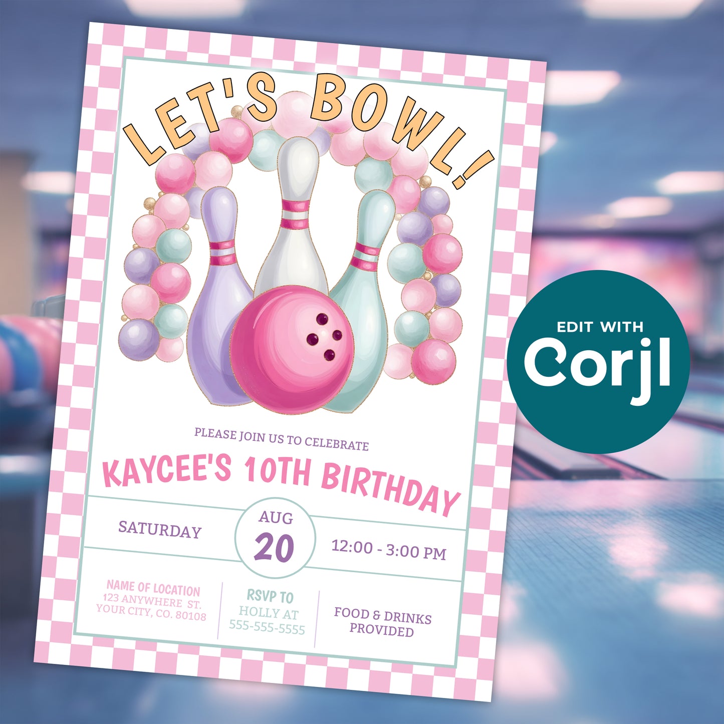 Bowling birthday invitation template mockup with bowling alley background, pink bowling ball and pins, editable kids bowling party invite