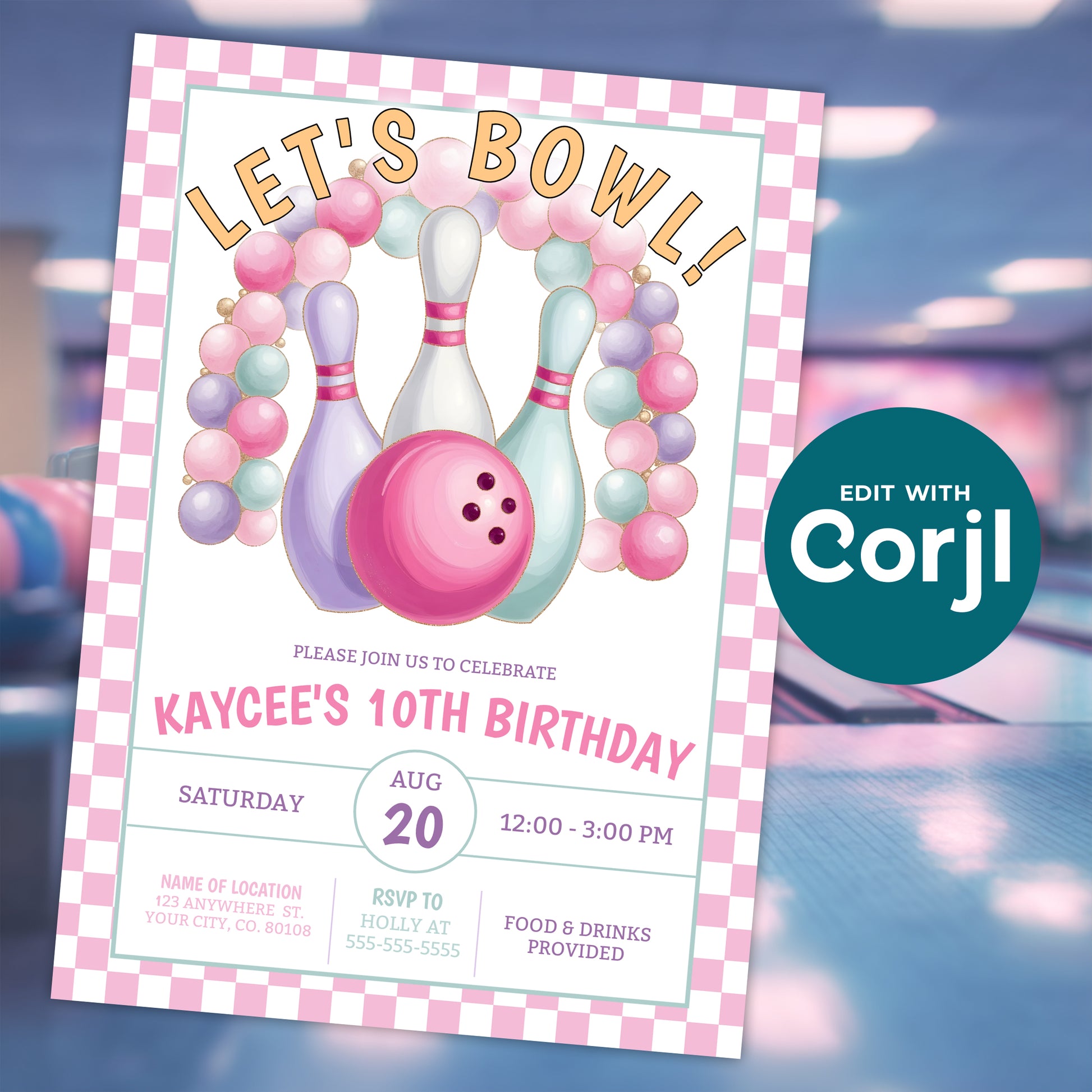 Bowling birthday invitation template mockup with bowling alley background, pink bowling ball and pins, editable kids bowling party invite